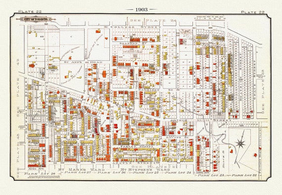 Plate 22, Toronto West, Bloorcourt South & Brockton Village, 1903, map on heavy cotton canvas, 20 x 30" or 50 x 75cm. approx.