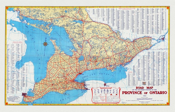 Official Road Map of Ontario, 1950, map on heavy cotton canvas, 22x27" approx.