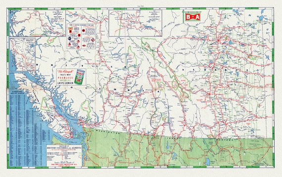 Road Map of the Provinces of British Columbia and Alberta, 1940 , map on heavy cotton canvas, 22x27" approx.