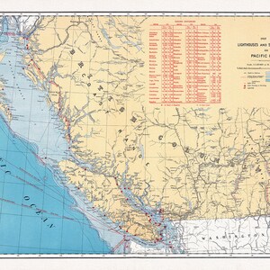 Canada Department of the Interior, Leuchttürme und Segelrouten an der Pazifikküste, 1915, Karte auf schwerer Baumwollleinwand, ca. 22x27"