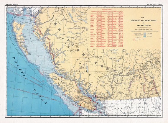 Canada Department of the Interior, Lighthouses and sailing routes on Pacific Coast, 1915, map on heavy cotton canvas, 22x27" approx.