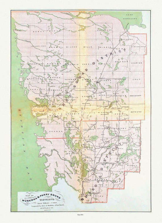 Muskoka & Parry Sound District, 1893 , map on heavy cotton canvas, 20 x 25" approx.