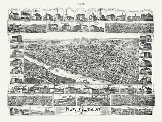 New Glasgow, Nova Scotia, 1889 , map on durable cotton canvas, 50 x 70 cm, 20 x 25" approx.