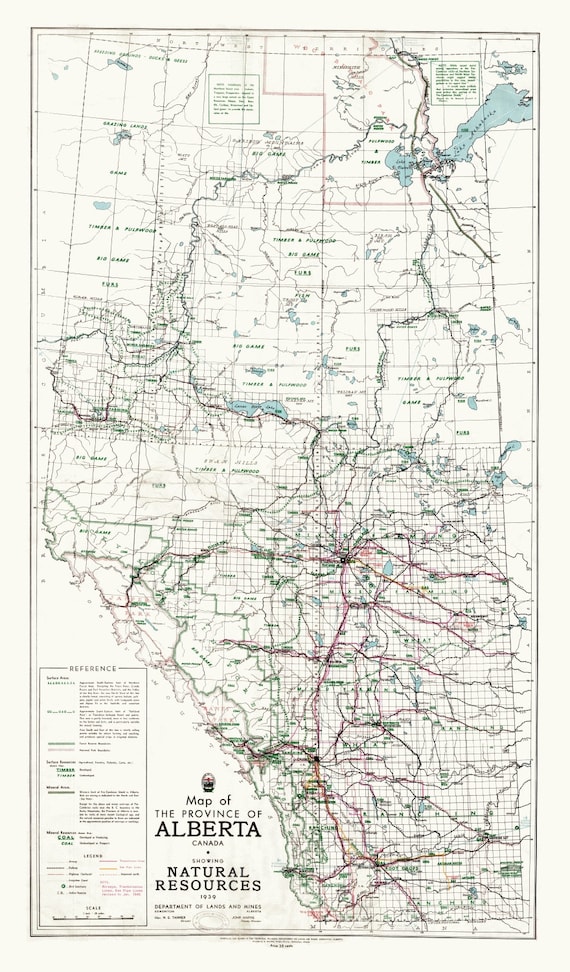 Map of the Province of Alberta, Canada, showing natural resources, 1945 ,on heavy cotton canvas, 22x27" approx.