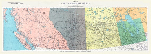 The Canadian west, 1910, map on durable cotton canvas,21x40"" approx.