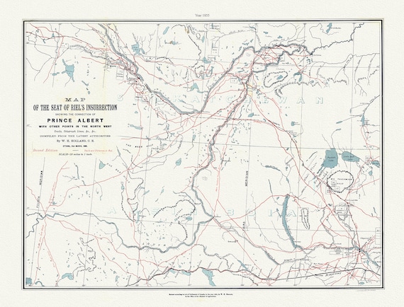Map of the seat of Riel's insurrection. showing, Prince Albert with other points in the NW, trails, telegraph lines, 1885, canvas, 20 x 25"