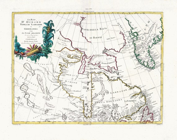 Zatta, Zuiliani, Novelli et Pitteri, La Baja D'Hudson Terra di Labrador e Groenlandia, 1778, map on heavy cotton canvas, 22x27" approx.