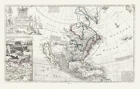 Bowles, Moll et Virtue, This map of North America, according to ye newest and most exact observations, 1712 , map on heavy canvas, 22x27"