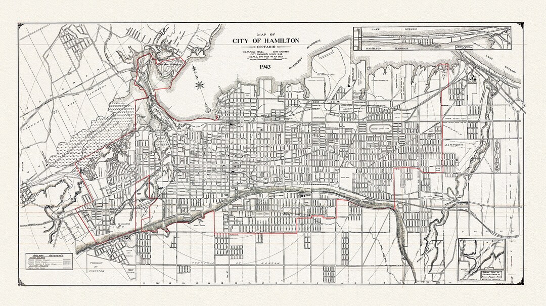 Map of the City of Hamilton, Ontario, 1943, on Heavy Cotton Canvas