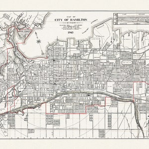 Mapa de la ciudad de Hamilton, Ontario, 1943, sobre lienzo de algodón pesado, 22x27" aprox.