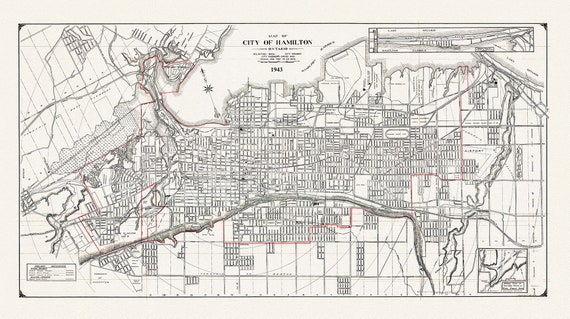 Map of the City of Hamilton, Ontario, 1943, on heavy cotton canvas, 22x27" approx.