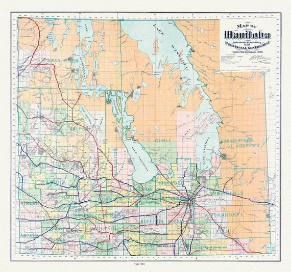 Manitoba, 1903, map on durable cotton canvas, 50 x 70 cm, 20 x 25" approx.