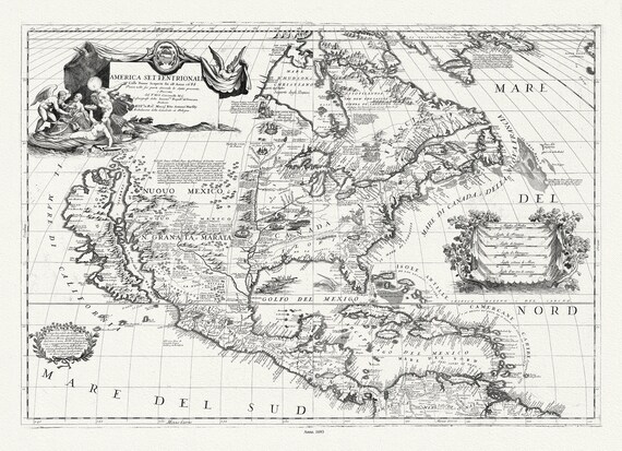 Coronelli (Vicenzo 1650-1718), America Settentrionale, 1693, map on heavy cotton canvas, 22x27" approx.