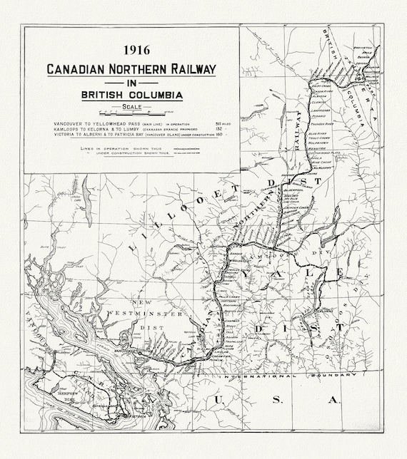 Canadian Northern Railway in British Columbia, 1916 , map on heavy cotton canvas, 50 x 70cm, 20 x 25" approx.