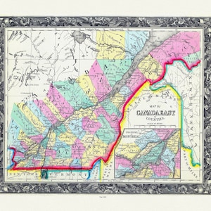 Map Of Canada East, In Counties, 1860 , map on durable cotton canvas, 50 x 70 cm, 20 x 25" approx.