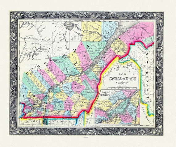 Map Of Canada East, In Counties, 1860 , map on durable cotton canvas, 50 x 70 cm, 20 x 25" approx.