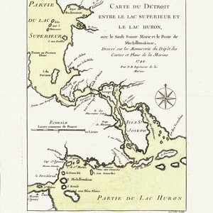 Bellin, Carte du Detroit entre Lac Superieur et Huron, com Sault Ste. Marie, 1744, mapa em tela grossa de algodão, 50x70cm aprox.