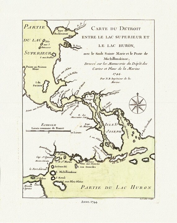 Bellin, Carte du Detroit entre le Lac Superieur et Huron, avec le Sault Ste. Marie, 1744, map on heavy cotton canvas, 50x70cm  approx.