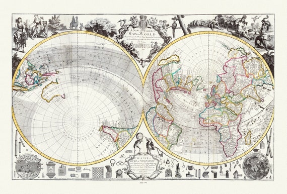 Willdey, No. 2. A New and Correct Map of the World  Projected upon the Plane of the Horizon, 1714, Map on heavy cotton canvas, 22x27in.