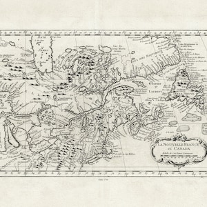 La Nouvelle France où Canada, ,Bellin, 1764 Ver. II, mapa vintage reimpreso en lienzo de algodón duradero, 50 x 70 cm, 20 x 25" aprox.