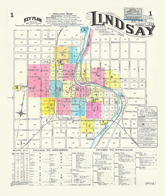 Key Plan, Lindsay, Ontario, 1898 , map on durable cotton canvas, 50 x 70 cm, 20 x 25" approx.