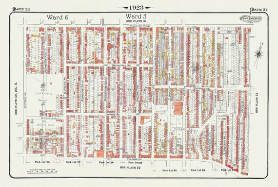 Plate 24, Toronto West, Dufferin Grove, BloorCourt , South of Bloor, St., 1923, Map on heavy cotton canvas, 18x27in. approx.