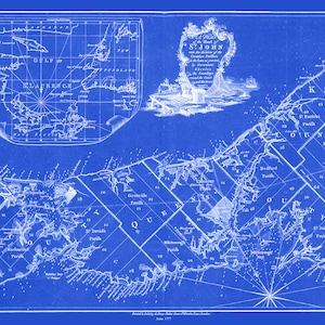 William Faden, Uma planta da ilha de São João, 1777 Cianótipo, mapa em tela de algodão durável, 50 x 70 cm, 20 x 25" aprox.