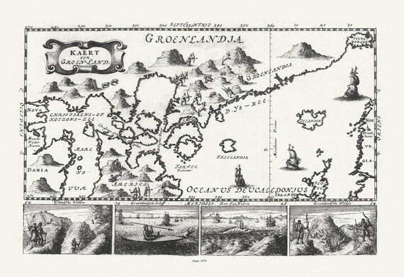 Greenland and Canada, Le Peyrere auth., 1679  , map on durable cotton canvas, 50 x 70 cm, 20 x 25" approx.