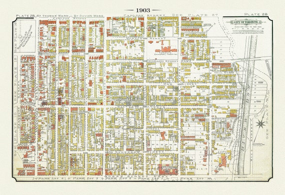 Plate 28, Toronto Downtown East, Cabbagetown & Regent Park, 1903, map on heavy cotton canvas, 20 x 30", 50 x 76cm, approx.