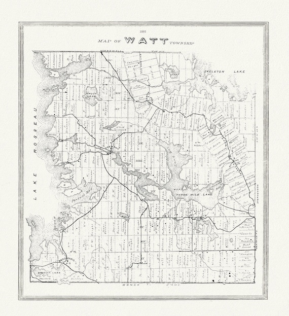 Muskoka-Haliburton, Watt Township, 1893 , map on heavy cotton canvas, 20 x 25" approx.