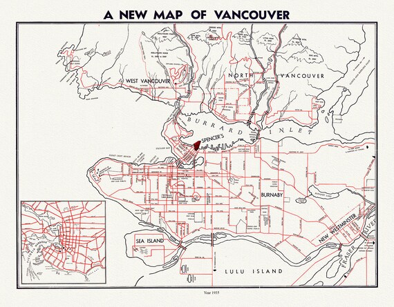 Vancouver, A New Map, by Spencer's, 1941, map on heavy cotton canvas, 45 x 65 cm, 18 x 24" approx.