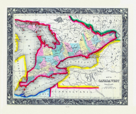 Map Of Canada West, In Counties, 1860