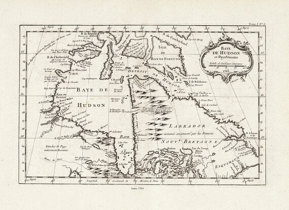 Bellin, Baye De Hudson et Pays Voisins, 1764 , map on heavy cotton canvas, 22x27" approx.