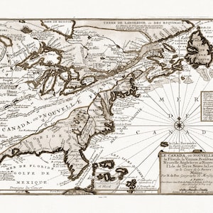 Fer, Le Canada, ou Nouvelle France, 1705, Sepia toned map on heavy cotton canvas, 22x27" approx.