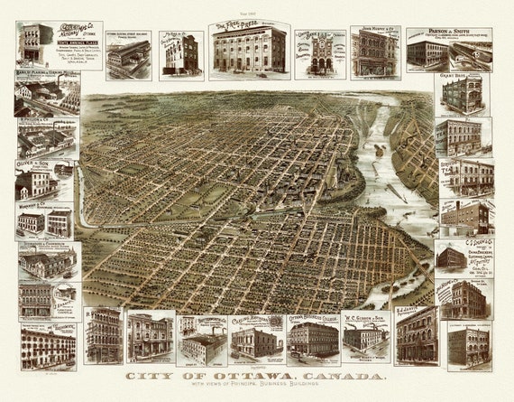 Birdseye View of the City of Ottawa, 1895, on heavy cotton canvas, approx. 22x27"