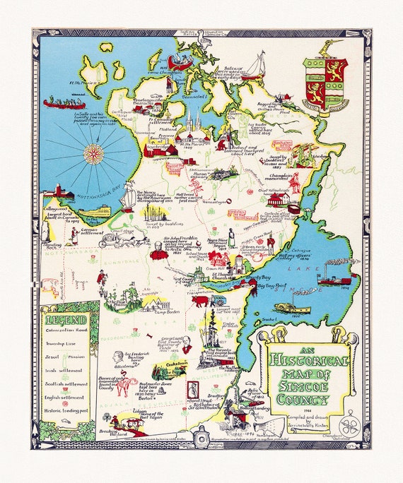 An historical map of Simcoe County, Ontario, 1944, map on heavy cotton canvas, 22x27" approx.