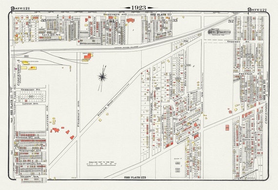 Plate 121, Toronto East, Scarborough, Kingston Road & Danforth, 1923, Map on heavy cotton canvas,18x27in. approx.