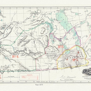 Territoire du Nord-Ouest, Manitoba cédé par les traités indiens 1,2,3 et 4, 1875, carte sur toile de coton durable, 20 x 34" environ.