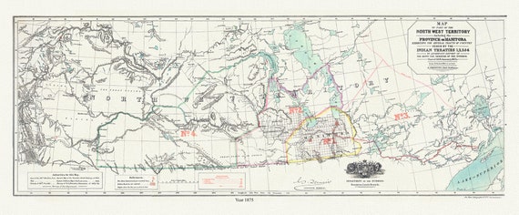 Northwest Territory, Manitoba Ceded by Indian Treaties 1,2,3, & 4, 1875 , map on durable cotton canvas,  20 x 34" approx.