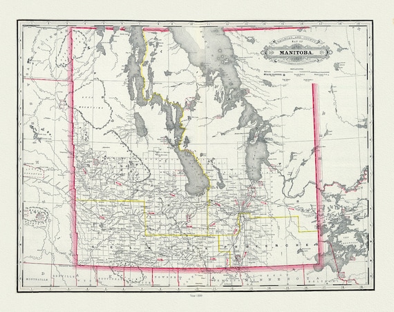 Manitoba, 1889, Cram auth., map on durable cotton canvas, 50 x 70 cm, 20 x 25" approx.