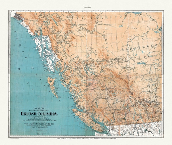 Province of British Columbia, 1893 , map on heavy cotton canvas, 45 x 65 cm, 18 x 24" approx.