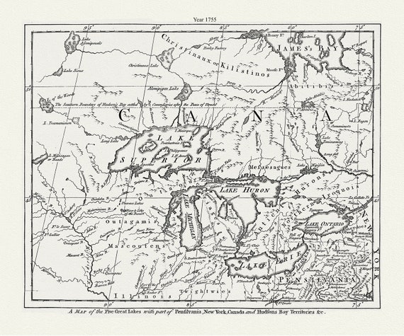 The Five Great Lakes with part of Pensilvania, New York, Canada and Hudsons Bay territories &c.,1755 , canvas, 50 x 70 cm, 20 x 25" approx.