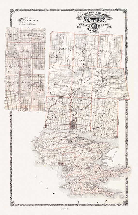 Hastings and Prince Edward Counties, Ontario, 1879, map on heavy cotton canvas, 45 x 65 cm, 18 x 24" approx.