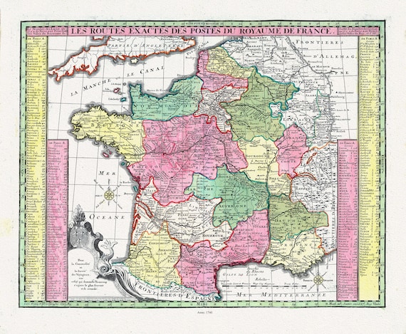 Seutter, Matthaeus ,No.7,  Les Routes Exactes des Postes du Royaume de France, 1740 ,une carte sur toile de coton épais, 56x70cm environ