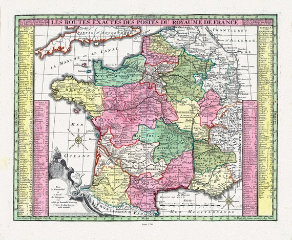 Seutter, Matthaeus ,No.7,  Les Routes Exactes des Postes du Royaume de France, 1740 ,une carte sur toile de coton épais, 56x70cm environ