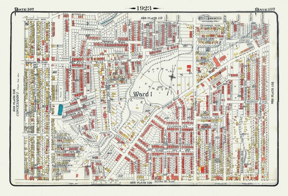 Plate 107, Toronto East, Leslieville, Norway & Beach, 1923, Map on heavy cotton canvas, 18x27in. approx.