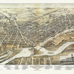 Bird's eye view of Brantford, Province of Ontario, Canada, 1875, Map on heavy cotton canvas, 22x27" approx.