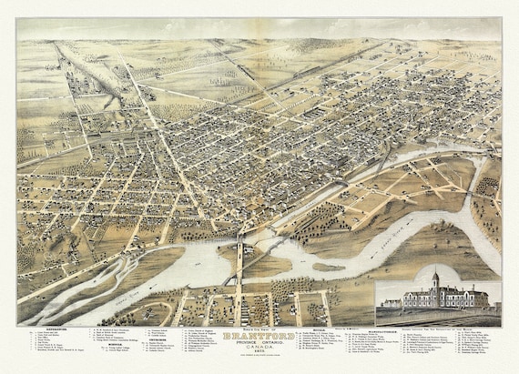 Bird's eye view of Brantford, Province of Ontario, Canada, 1875, Map on heavy cotton canvas, 22x27" approx.