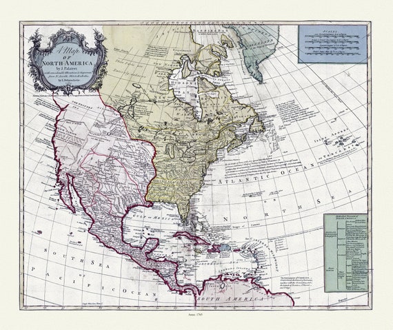 Bowles et Delarochette, A map of North America, 1765, map on heavy cotton canvas, 22x27" approx