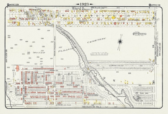 Plate 119, Toronto Uptown, Moore Park & Mount Pleasant, 1923, Map on heavy cotton canvas, 18x27in. approx.